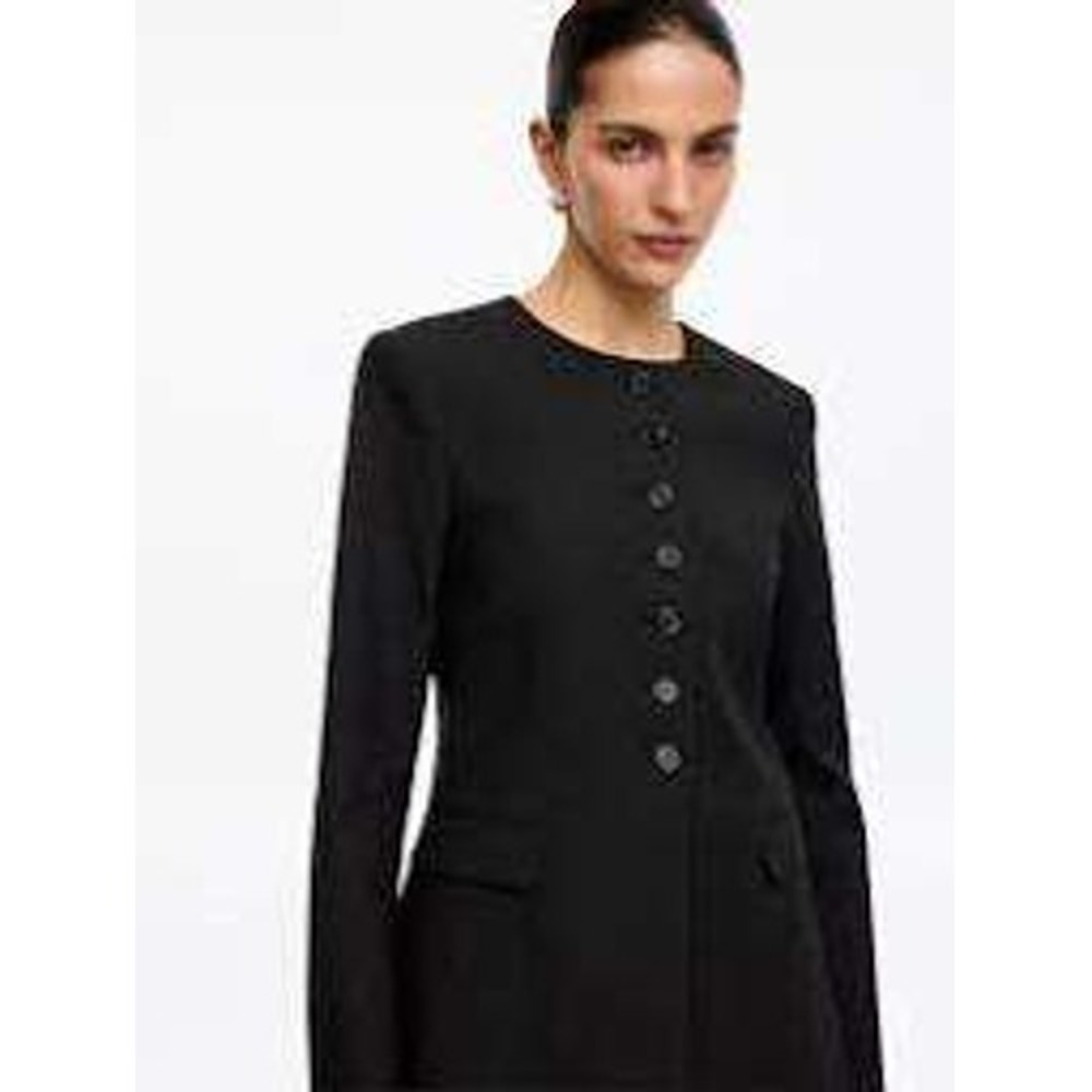 HM Women's Collarless Button-Front Blazer Jacket Black M Round Neck Pockets